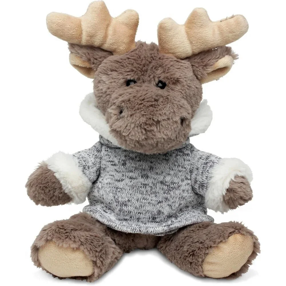 DolliBu Plush Moose Stuffed Animal - Soft Plush Sitting Moose with Gray Hood